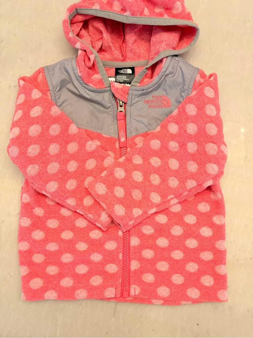 The North Face Pink Polka-Dot Hooded Fleece with Gray Trim